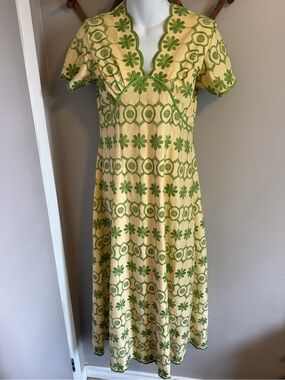 Vintage Custom  Eyelet Cutout Empire Waist Maxi Buttercream & Green Sz M